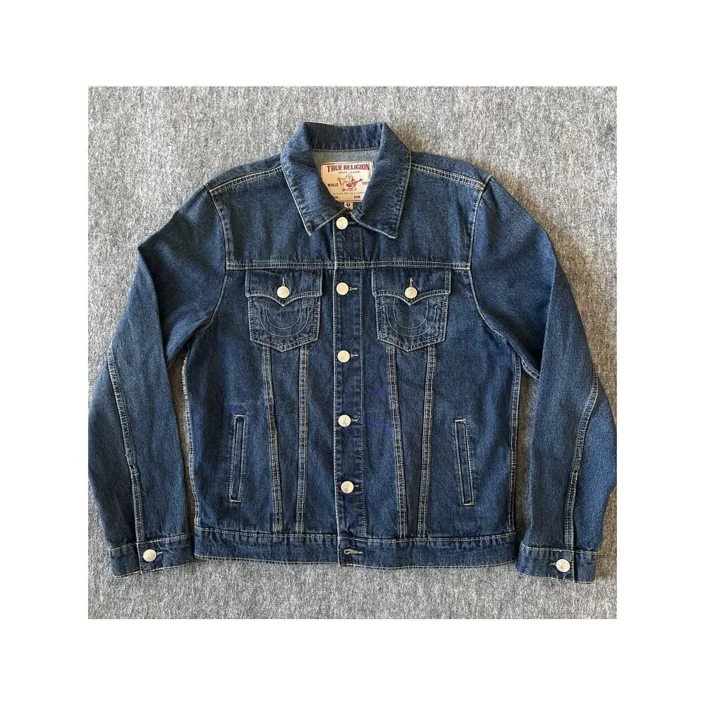 True Religion World Tour Jimmy Super T Blue Jean Jacket Mens Sz M Dark Wash Blue